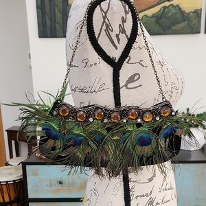 Vintage J. RENEE Peacock Feather Beaded Black Velvet Evening Purse Shoulder Bag
